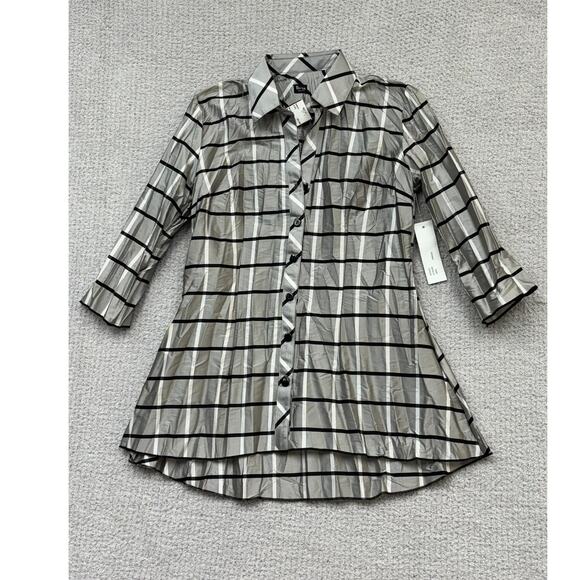 Beluva Women's Grey Black Plaid 3/4 Sleeve Shirt Size S NWT #64603 - Picture 1 of 4